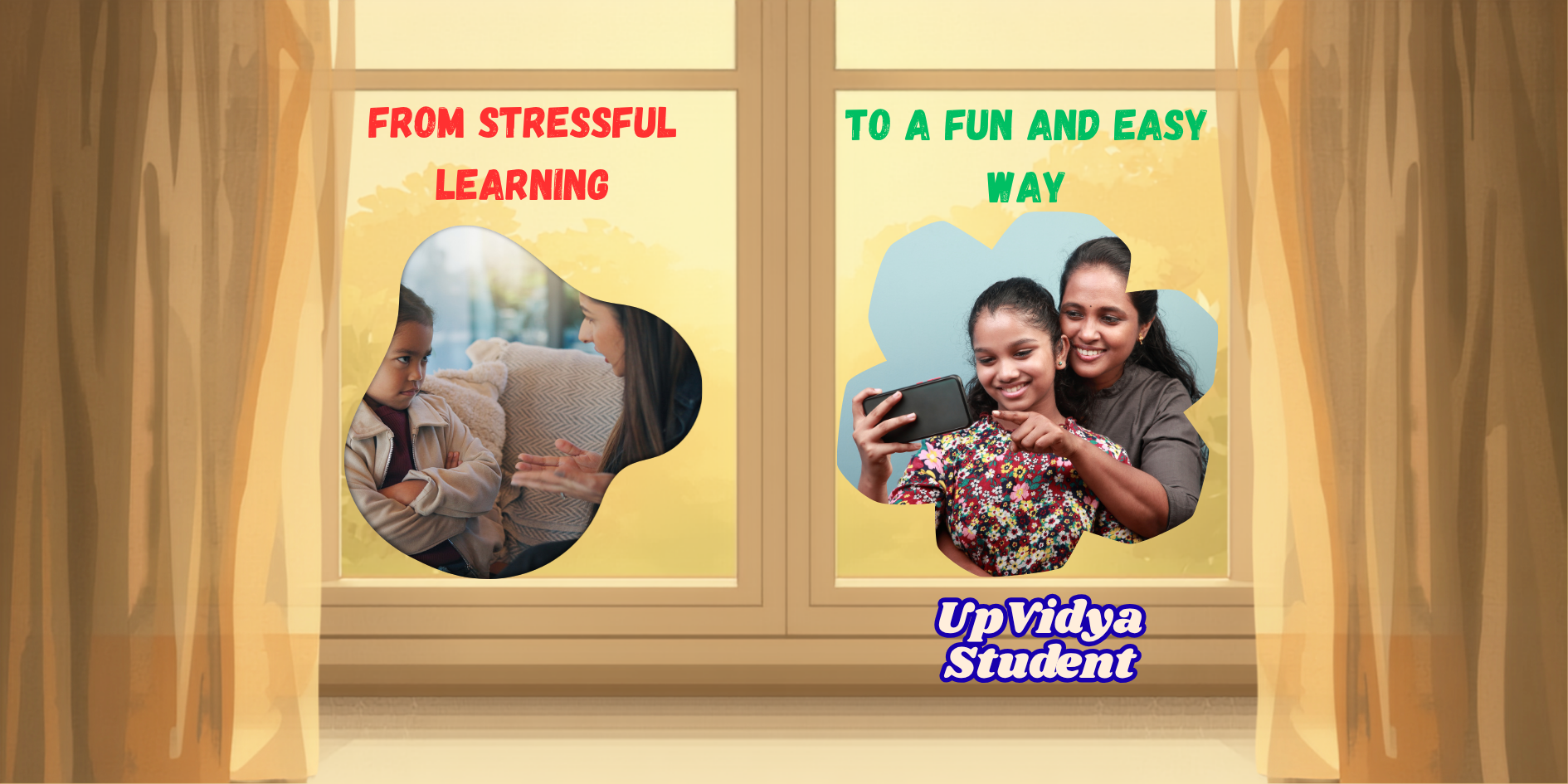 A mother and daughter happily learning Hindi together on a phone